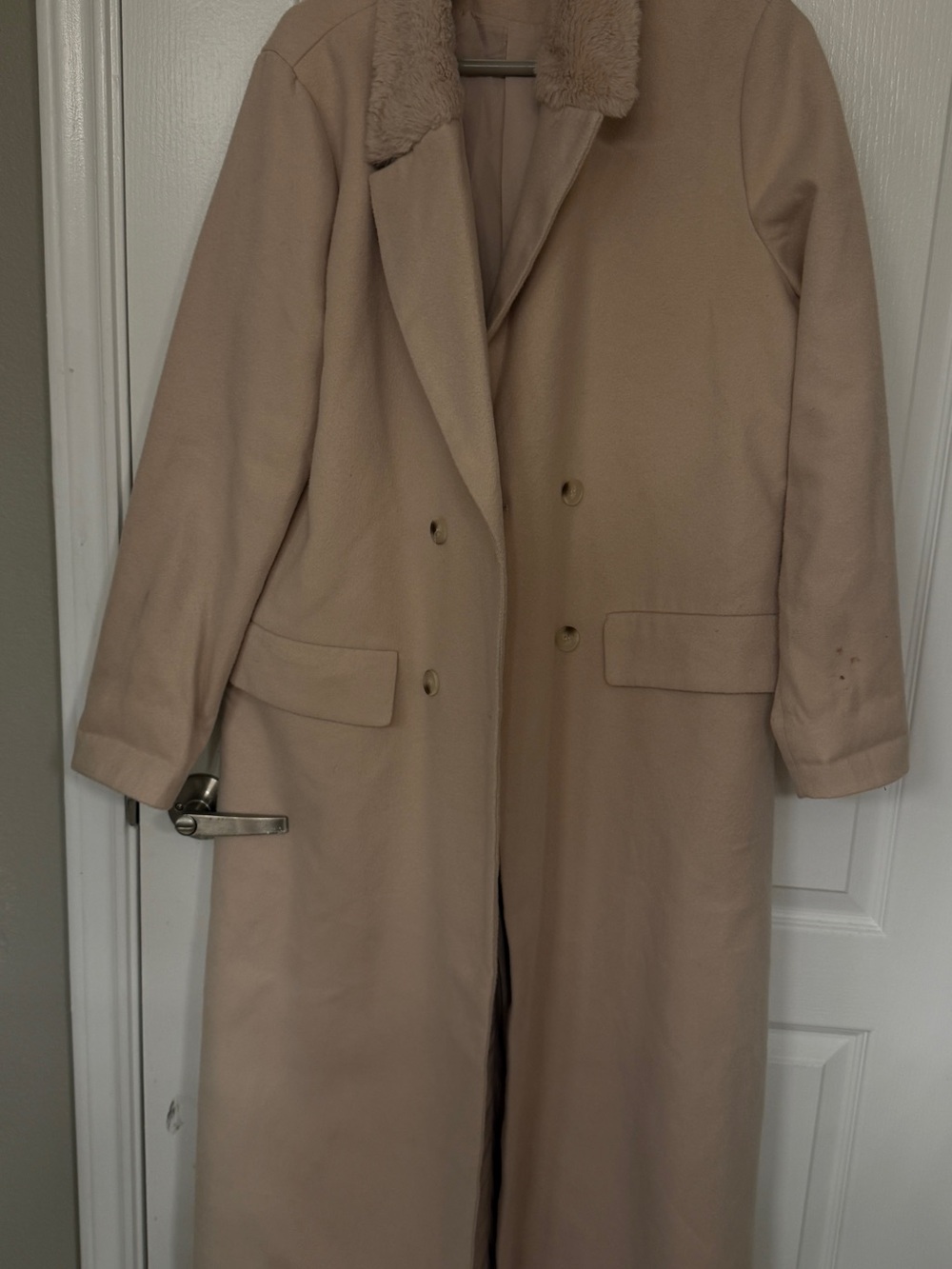 Long Beige Wool Coat with Faux Fur Collar